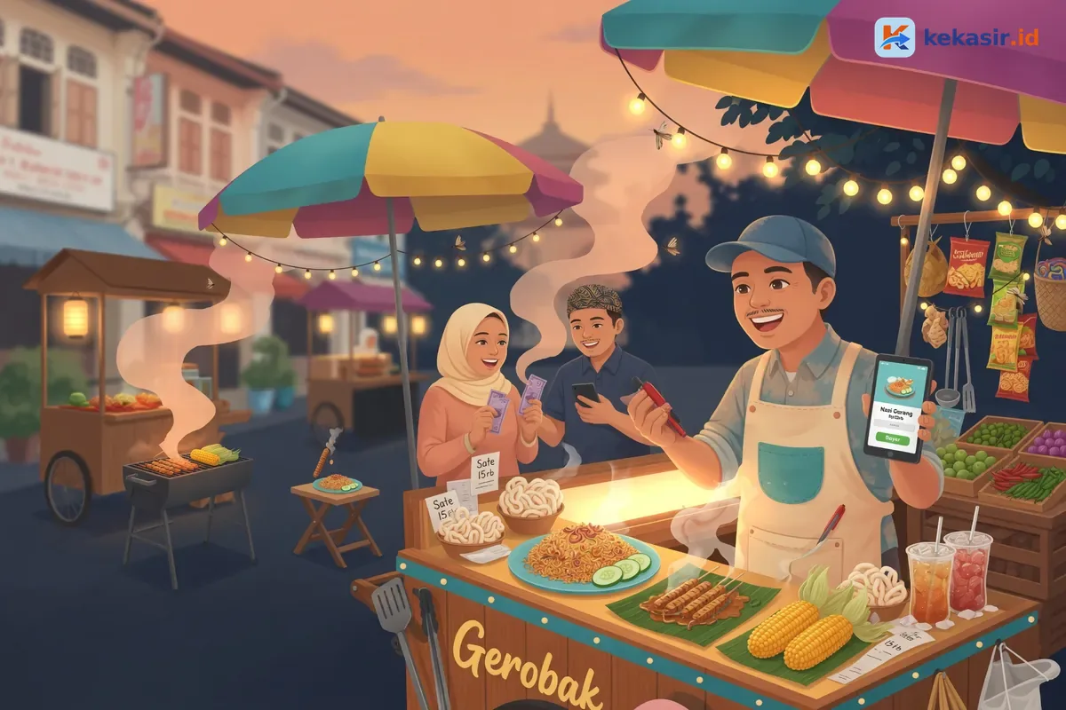 Ilustrasi penjual gerobak makanan memproses pesanan pelanggan menggunakan tablet