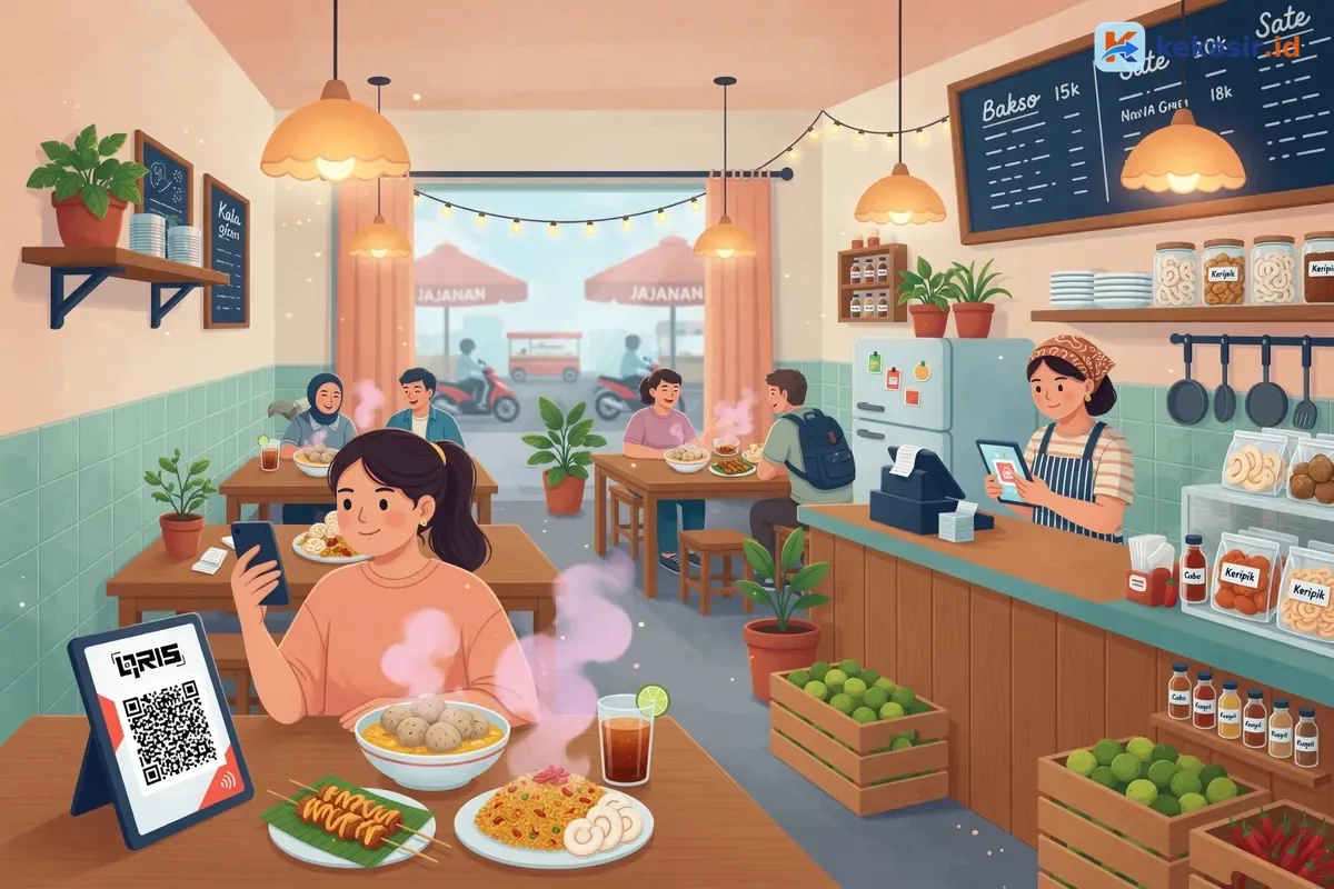 Ilustrasi pelanggan melakukan pembayaran QRIS di gerobak jajanan