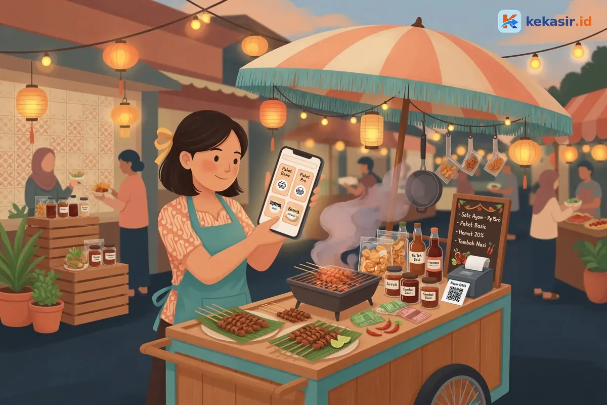Ilustrasi pemilik usaha kuliner membandingkan paket aplikasi kasir di HP