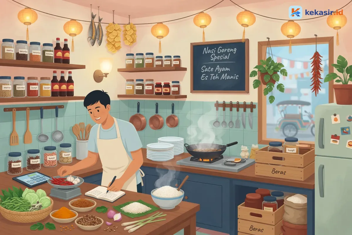 Ilustrasi pemilik warung menghitung bahan di dapur