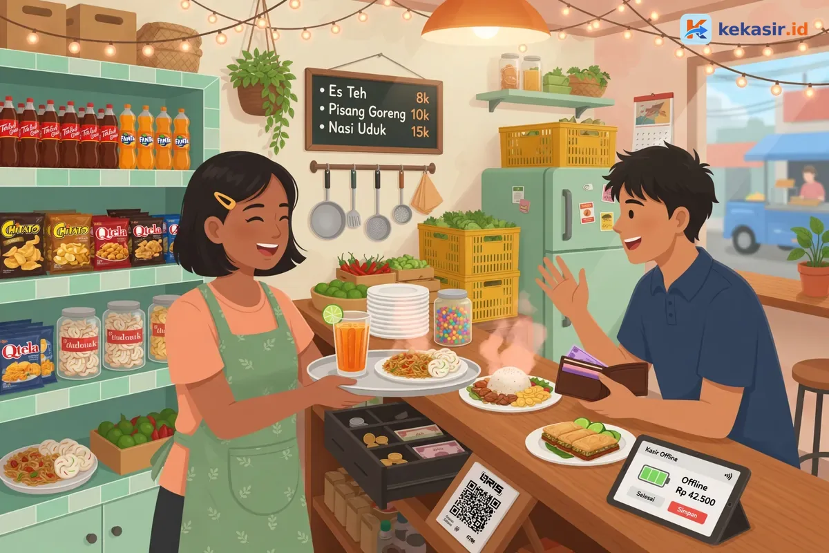 Suasana kasir warung menggunakan tablet saat ramai