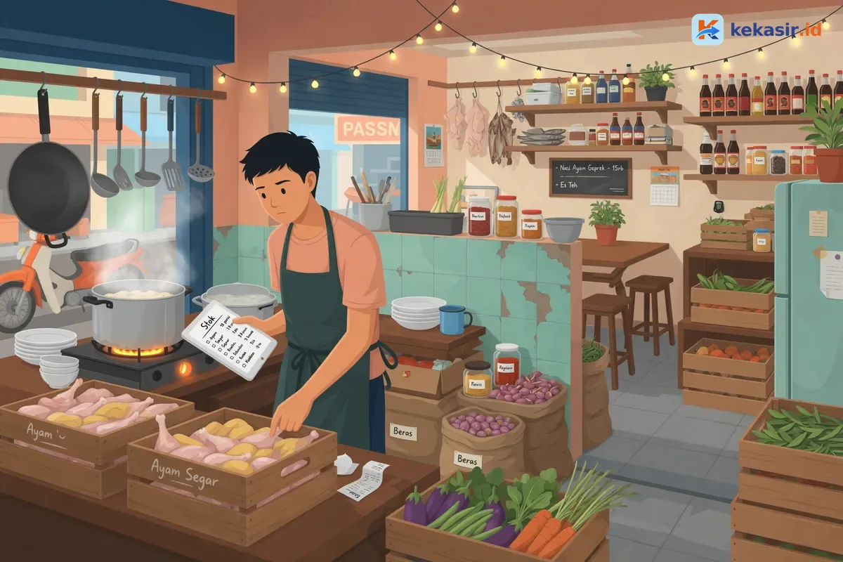 Ilustrasi staf warung memeriksa stok bahan di dapur kontainer