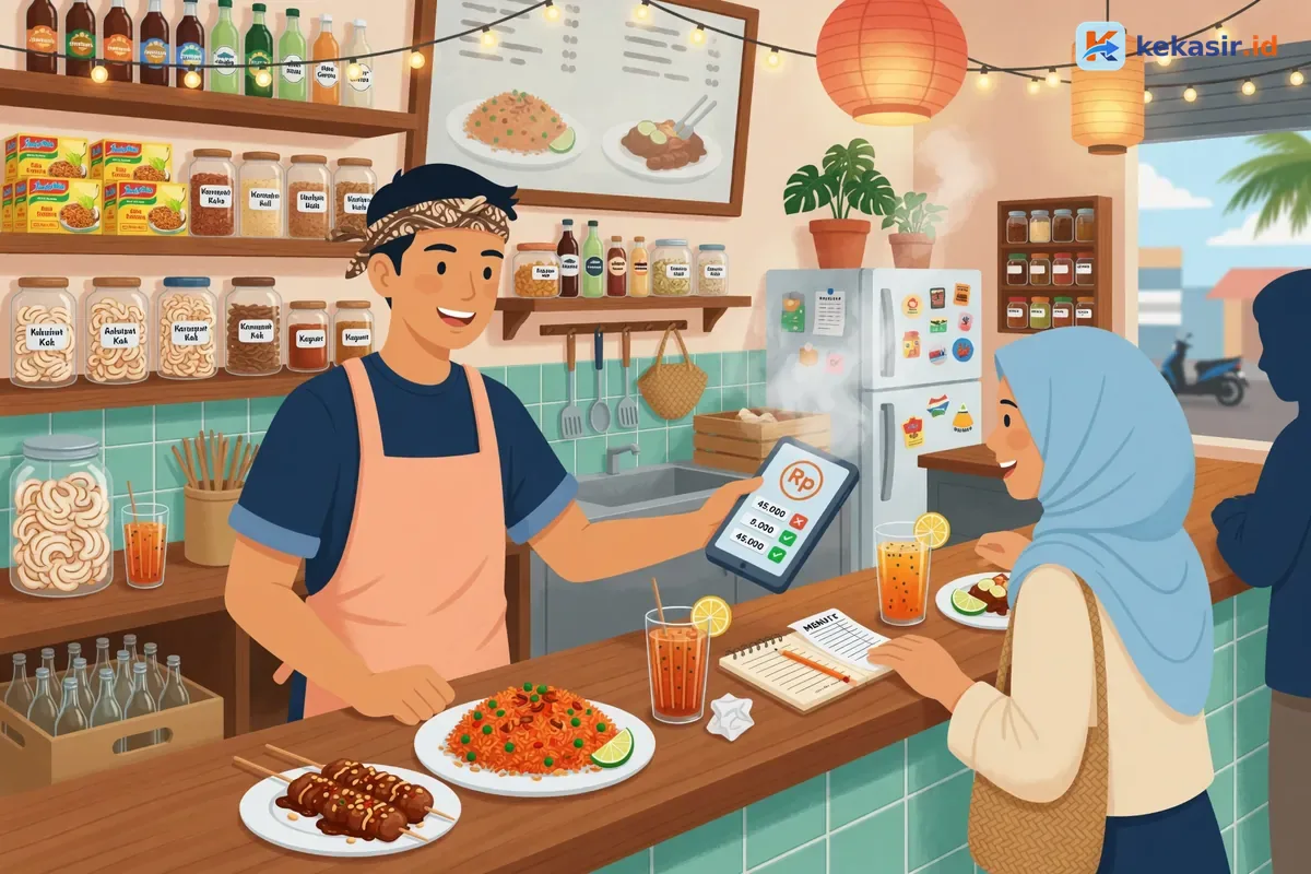 Ilustrasi pemilik warung di Batam melayani pelanggan di meja kasir dengan tablet