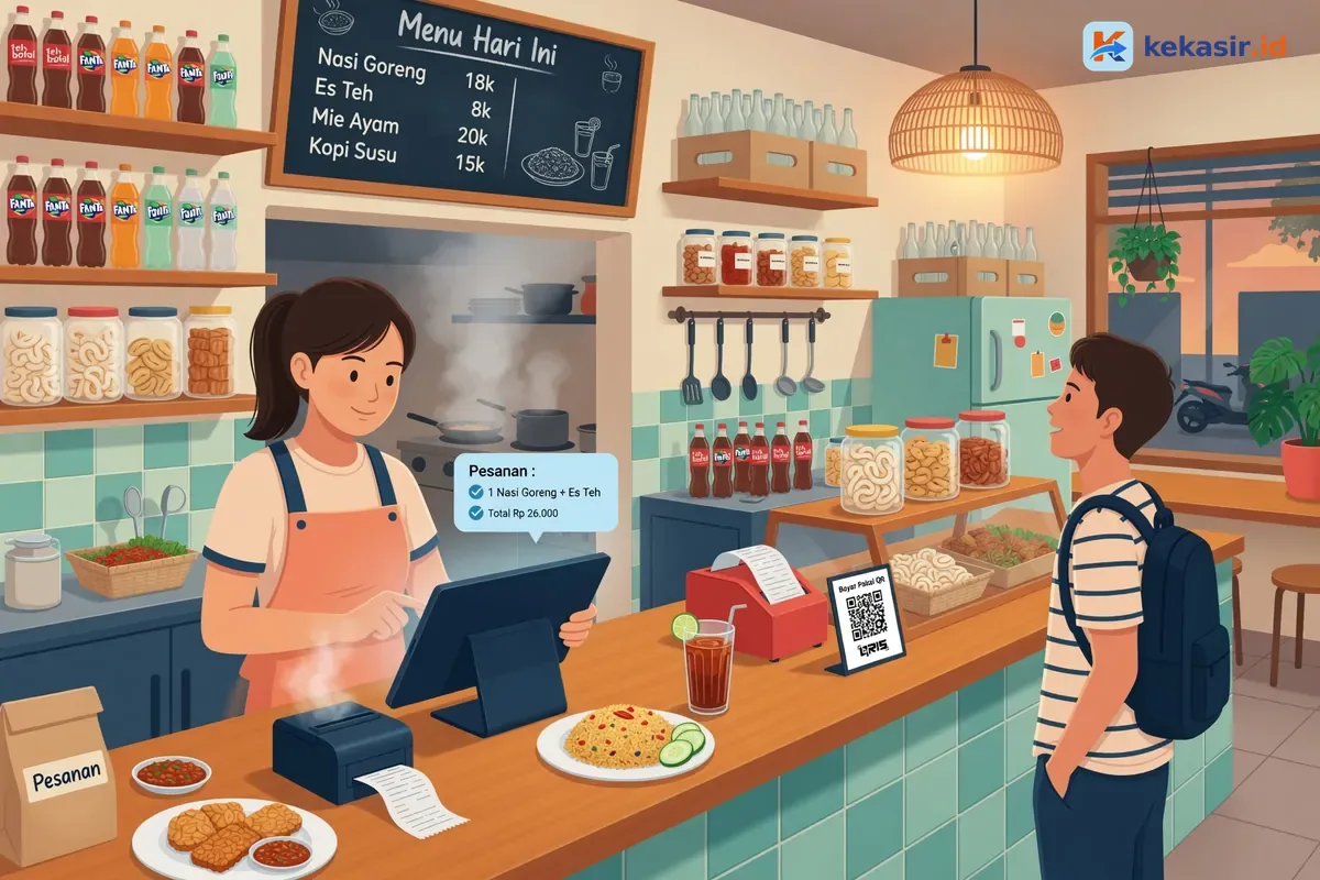 Ilustrasi kasir cafe memasukkan pesanan di aplikasi kasir tablet sambil pelanggan menunggu