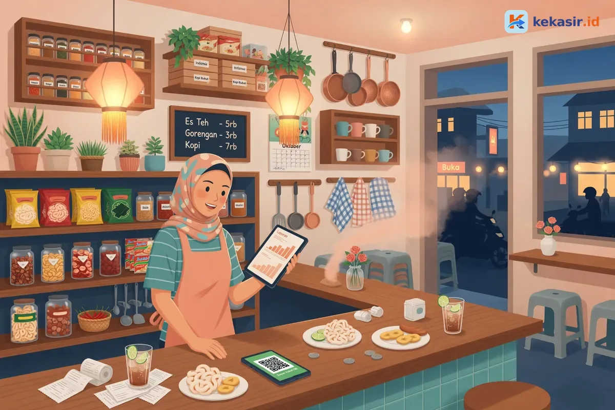 Ilustrasi pemilik usaha kuliner melihat laporan omzet harian di laptop di sudut kafe