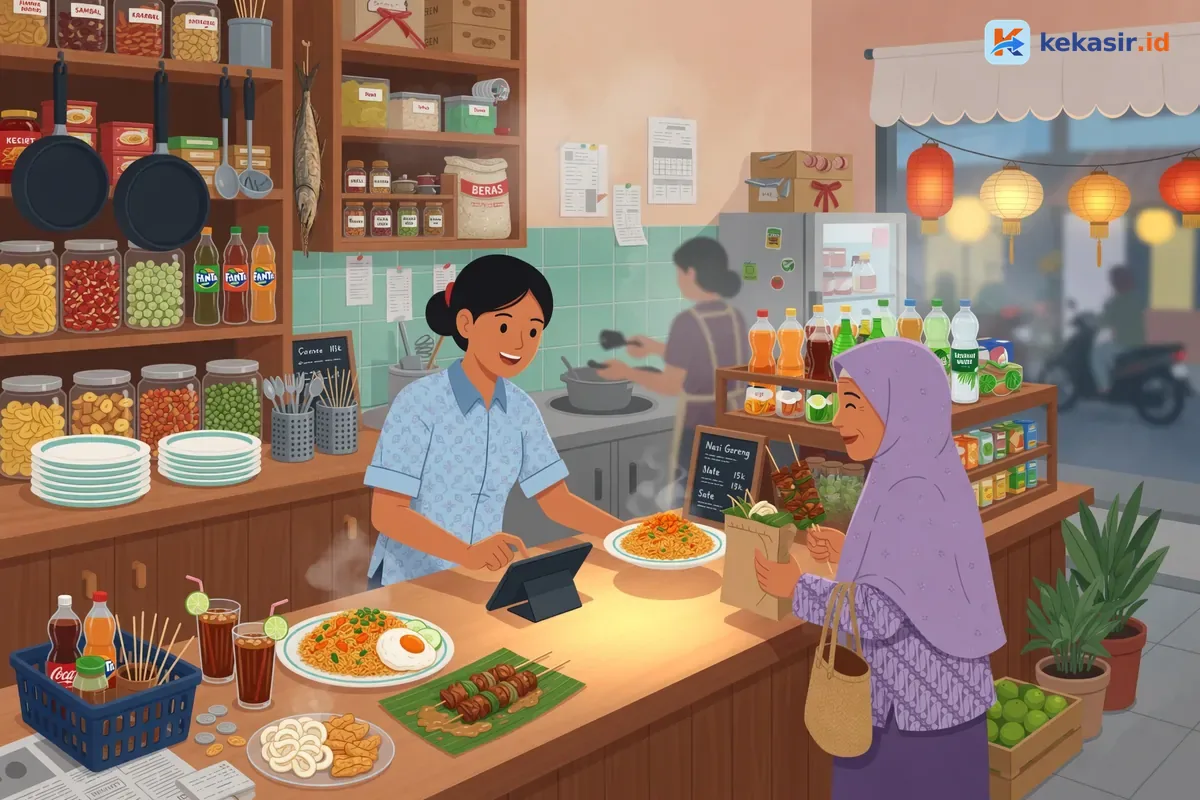 Ilustrasi pemilik warung di Tanjungpinang mencatat pesanan di tablet kasir