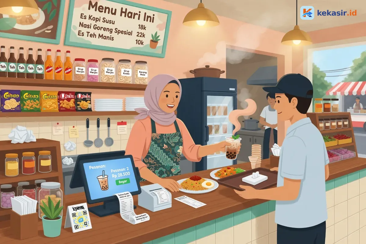 Suasana kasir cafe mencetak struk sambil melayani pelanggan