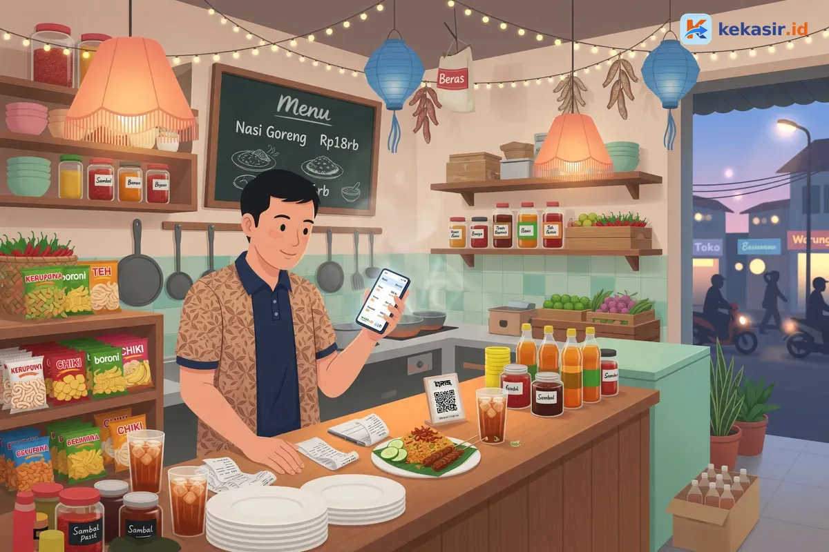 Pemilik usaha kuliner membandingkan laporan omzet di laptop