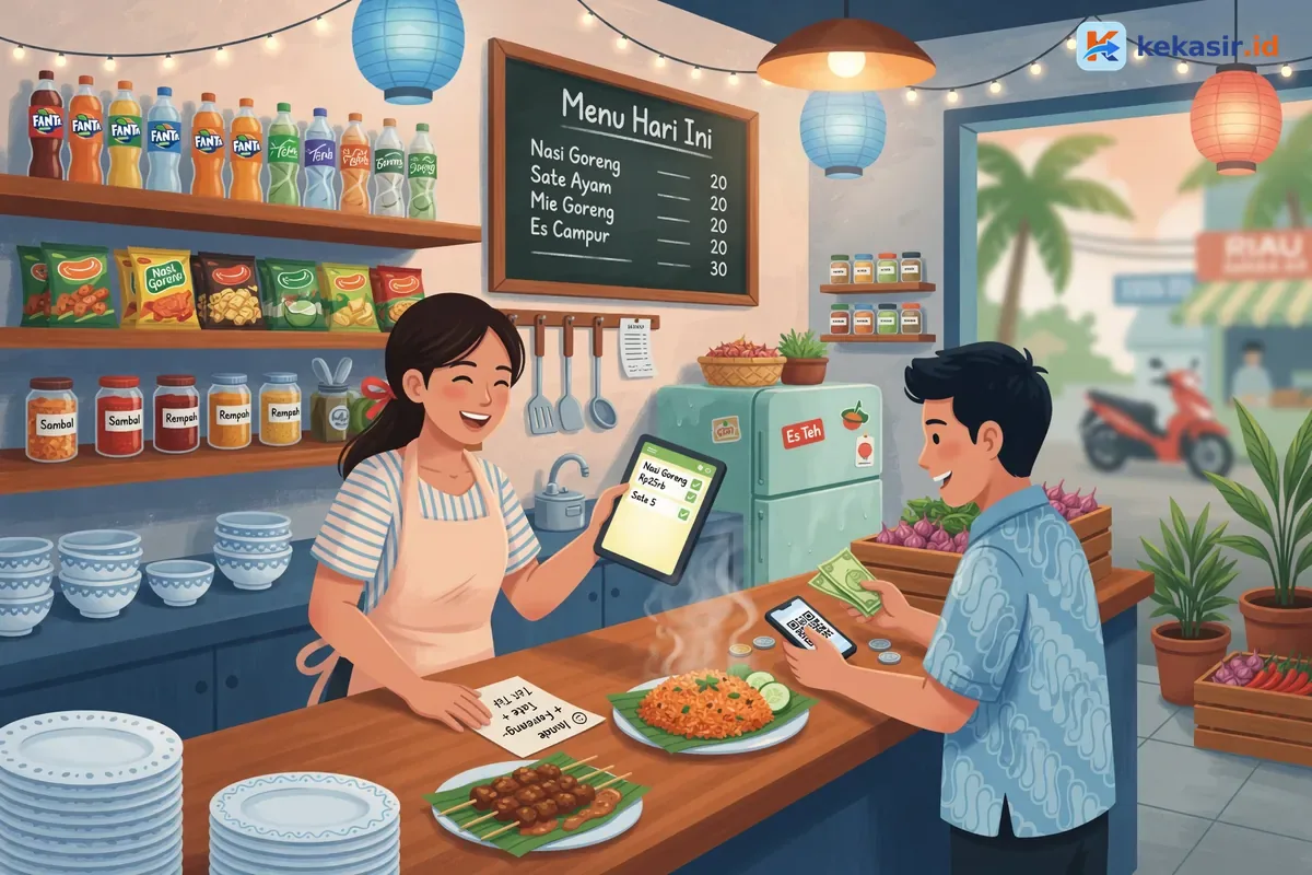 Suasana kasir warung makan di Kepri saat jam ramai dengan tablet dan nota pesanan