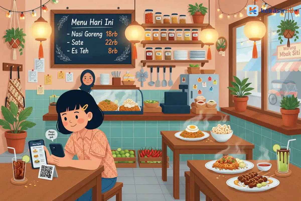 Pelanggan di cafe memindai QR self-order di meja sambil melihat menu di HP