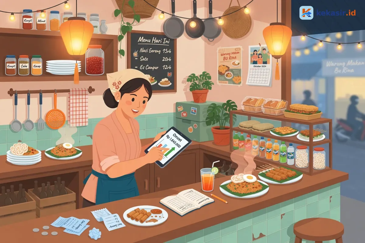 Pemilik usaha kuliner meninjau laporan omzet di laptop sambil berdiri di dapur outlet