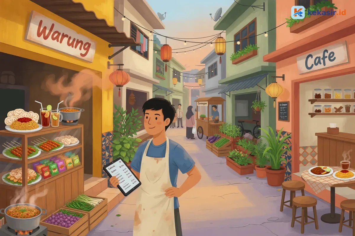 Ilustrasi pemilik warung makan sedang menyiapkan pesanan di etalase