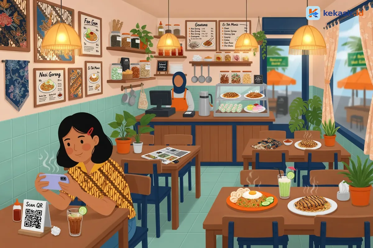 Suasana pelanggan scan QR meja untuk memesan mandiri di kafe