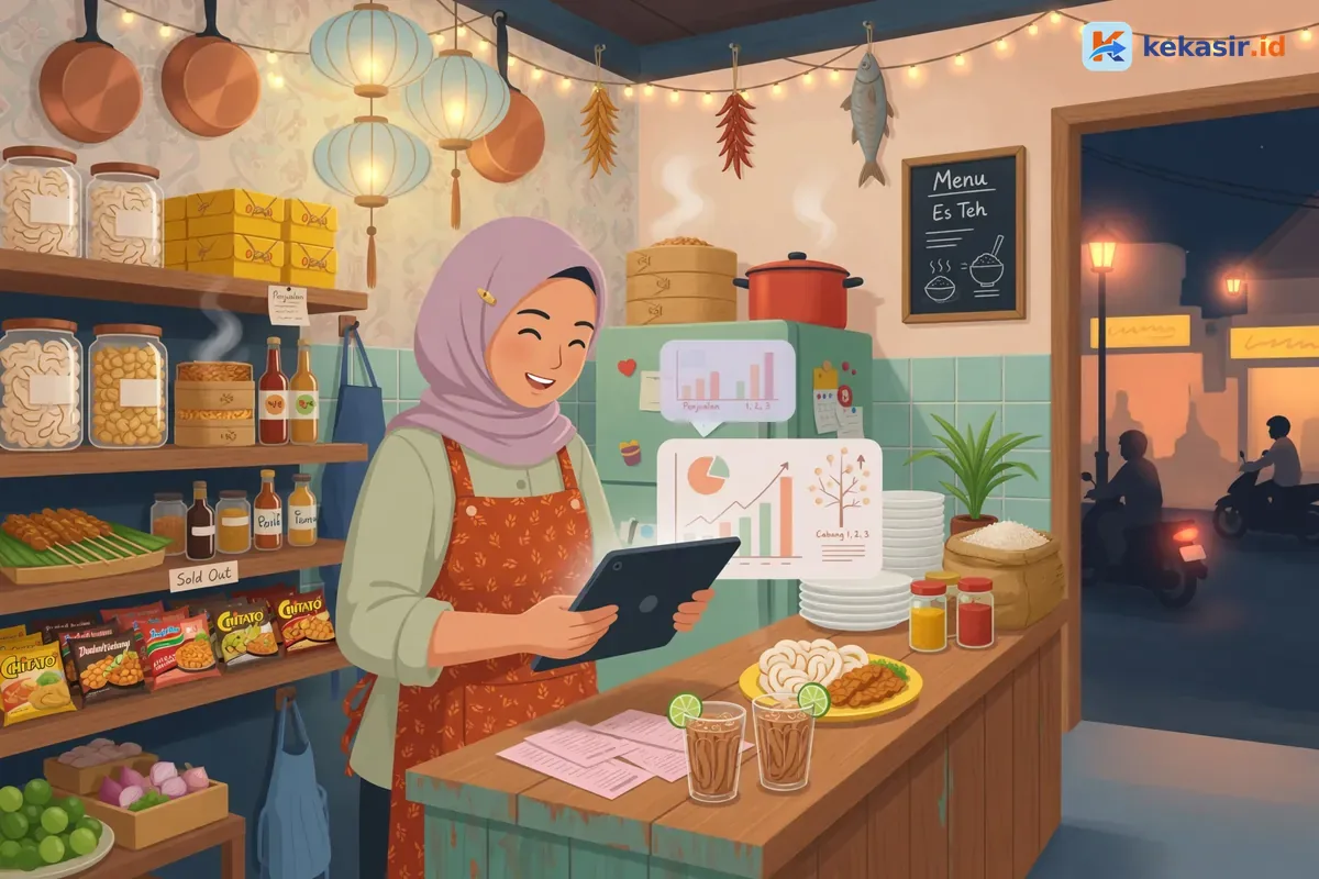 Ilustrasi pemilik usaha kuliner memantau laporan penjualan multi-cabang dari tablet
