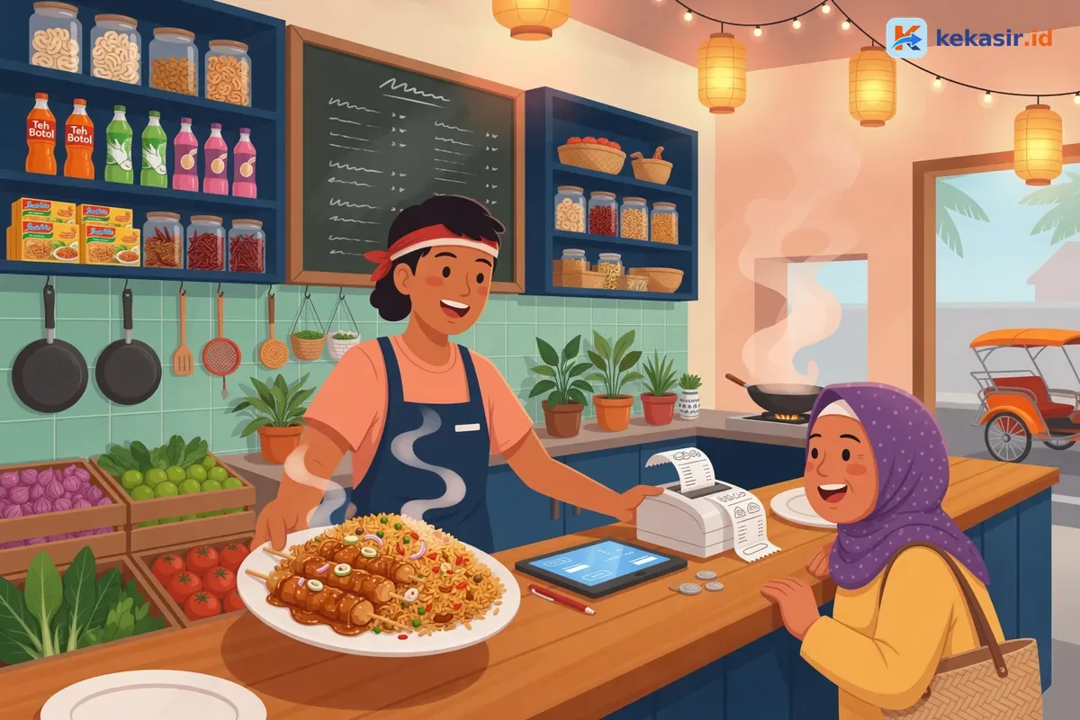Ilustrasi pemilik warung menyiapkan perangkat kasir tablet dan printer thermal di meja