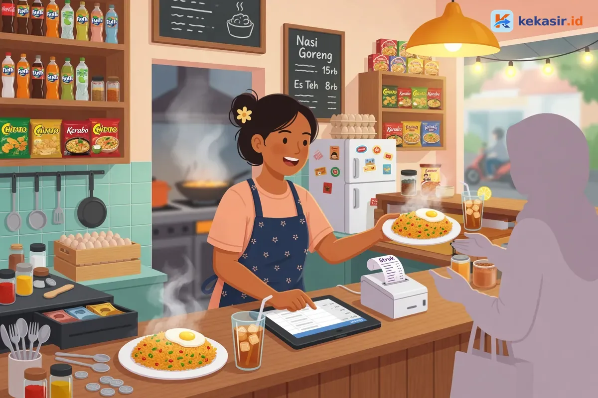 Ilustrasi pemilik usaha kuliner memilih printer dan aksesori kasir di toko perangkat