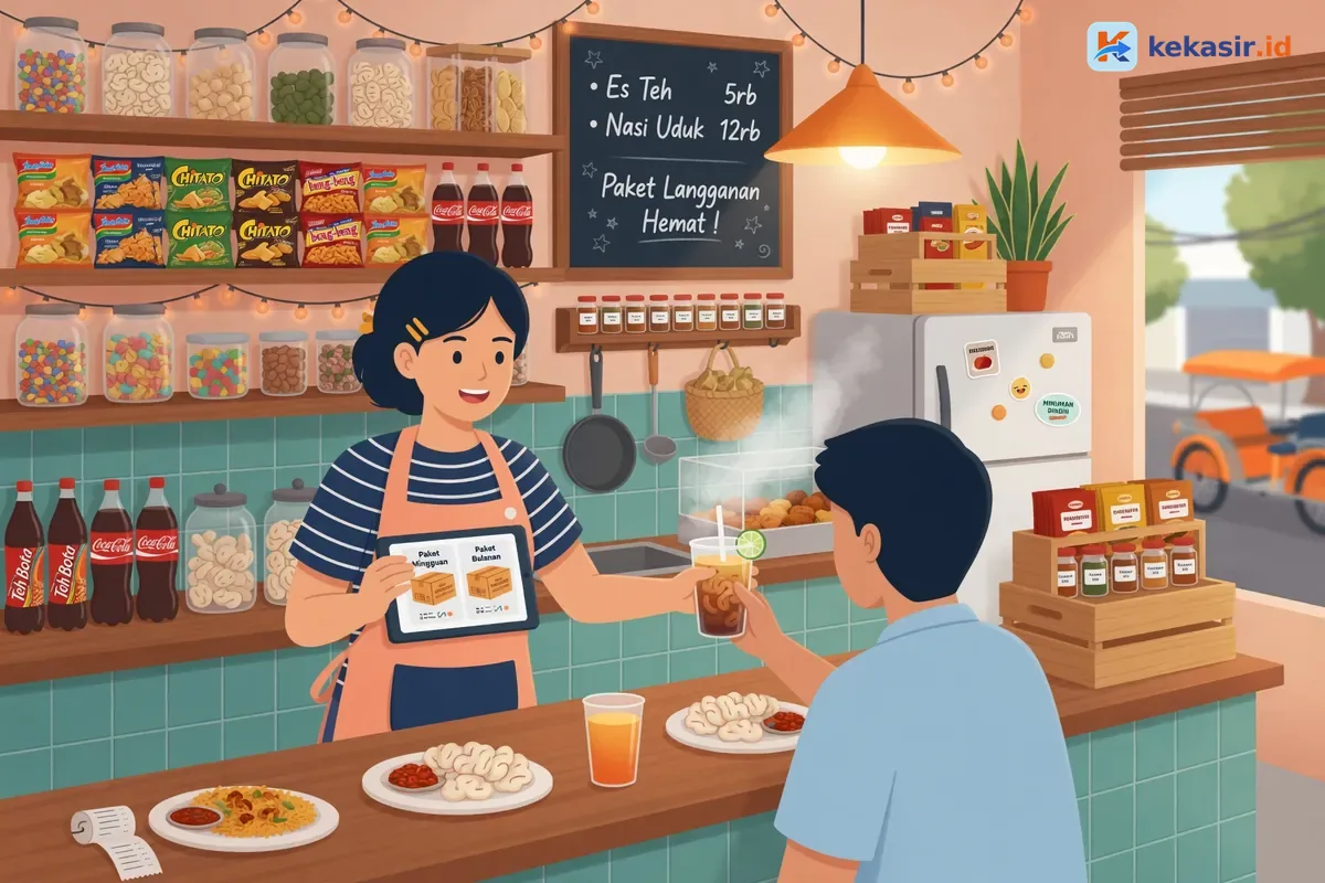 Ilustrasi pemilik warung membandingkan paket aplikasi kasir di tablet sambil melayani pelanggan