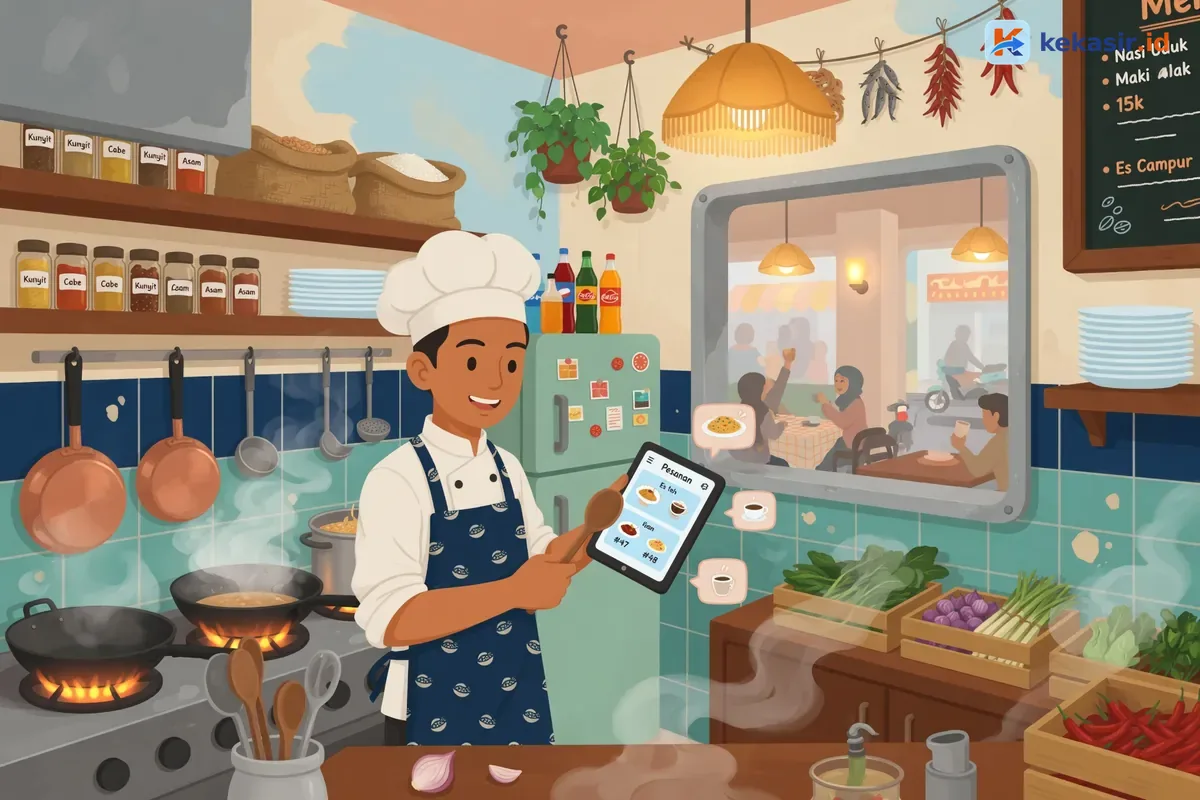 Suasana kasir cafe memproses pesanan sambil staf dapur melihat order di layar