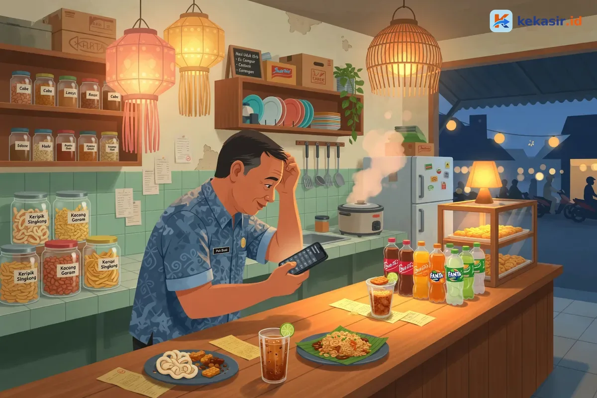 Ilustrasi pemilik restoran meninjau ringkasan biaya langganan dan omzet harian di laptop