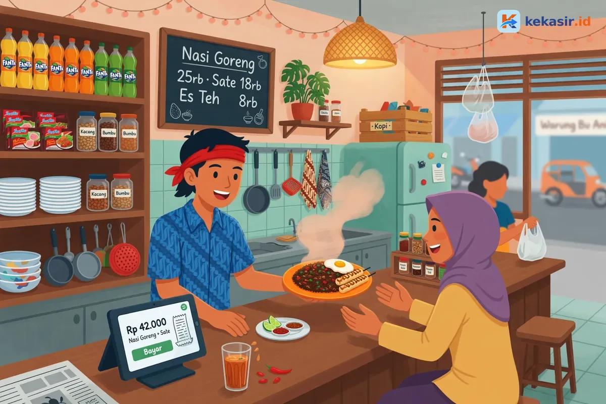 Ilustrasi pemilik warung mencoba aplikasi kasir di laptop sambil melayani pelanggan