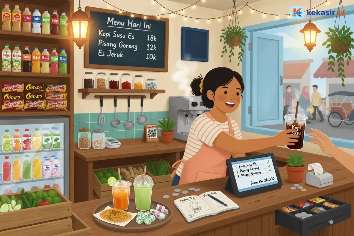 Ilustrasi staf kafe melayani order sambil memantau layar kasir di counter