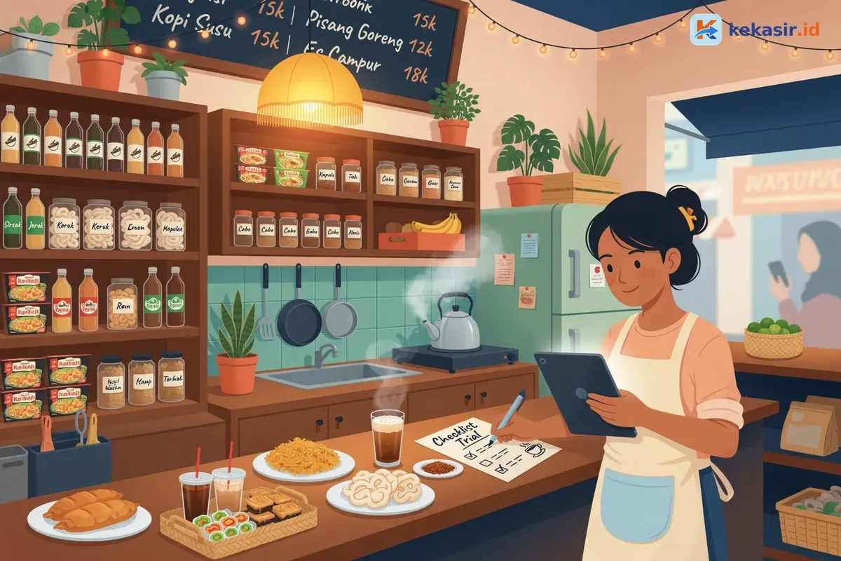 Ilustrasi pemilik cafe mencatat checklist trial di meja sambil memegang tablet kasir