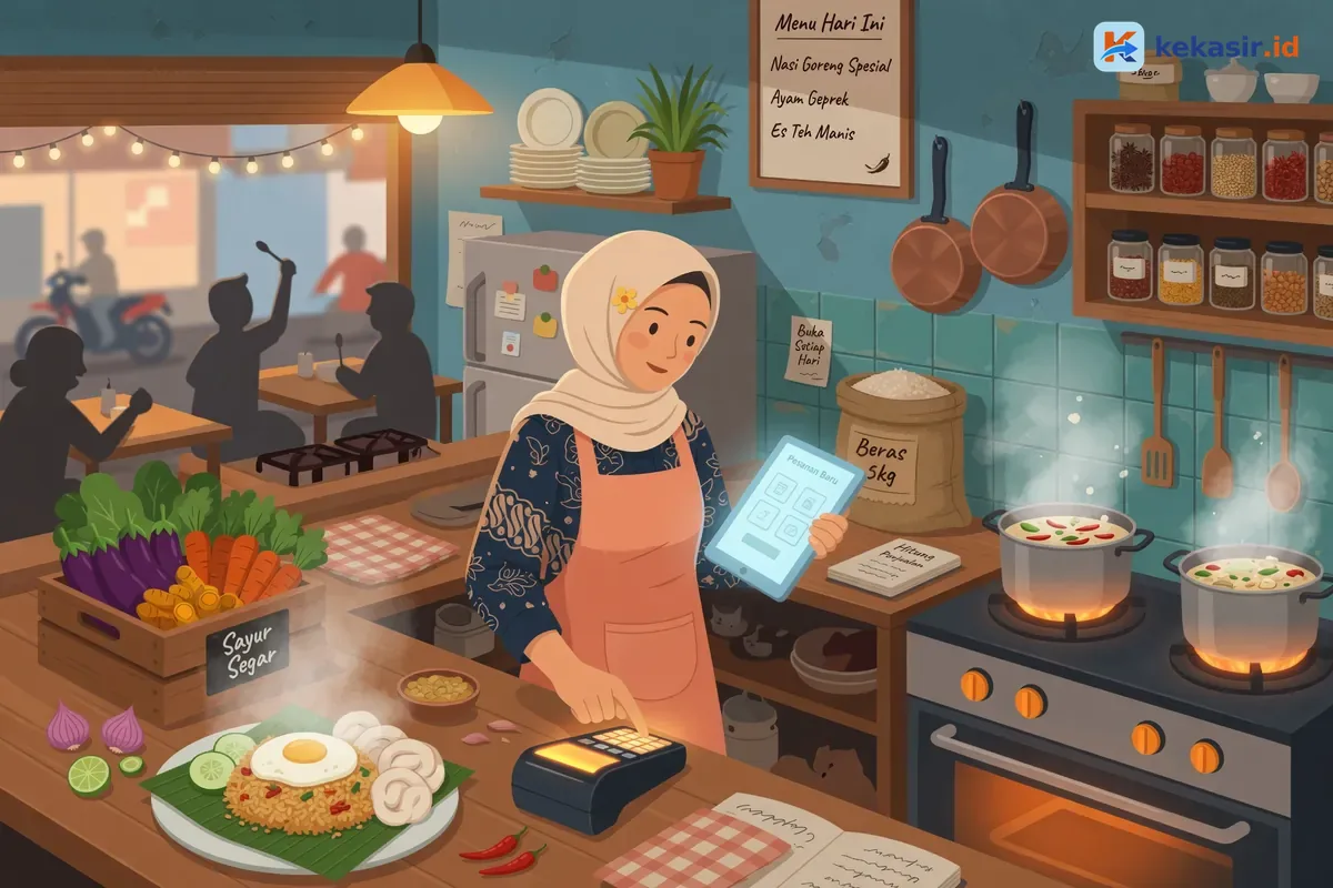 Ilustrasi pemilik usaha kuliner membandingkan perangkat kasir di meja dapur
