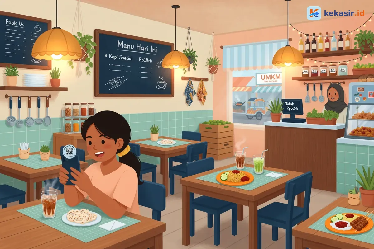 Suasana pelanggan scan QR meja untuk memesan secara mandiri di kafe