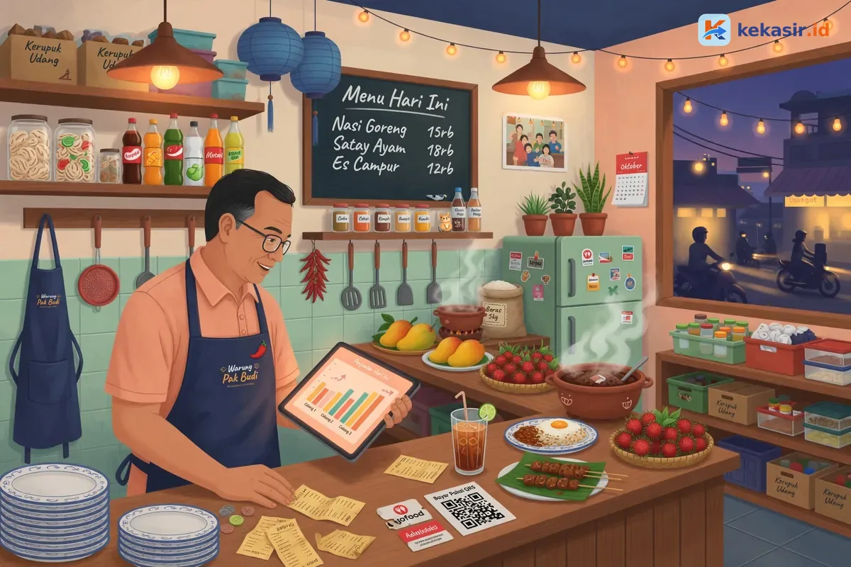 Ilustrasi owner restoran memantau laporan penjualan multi-cabang dari tablet