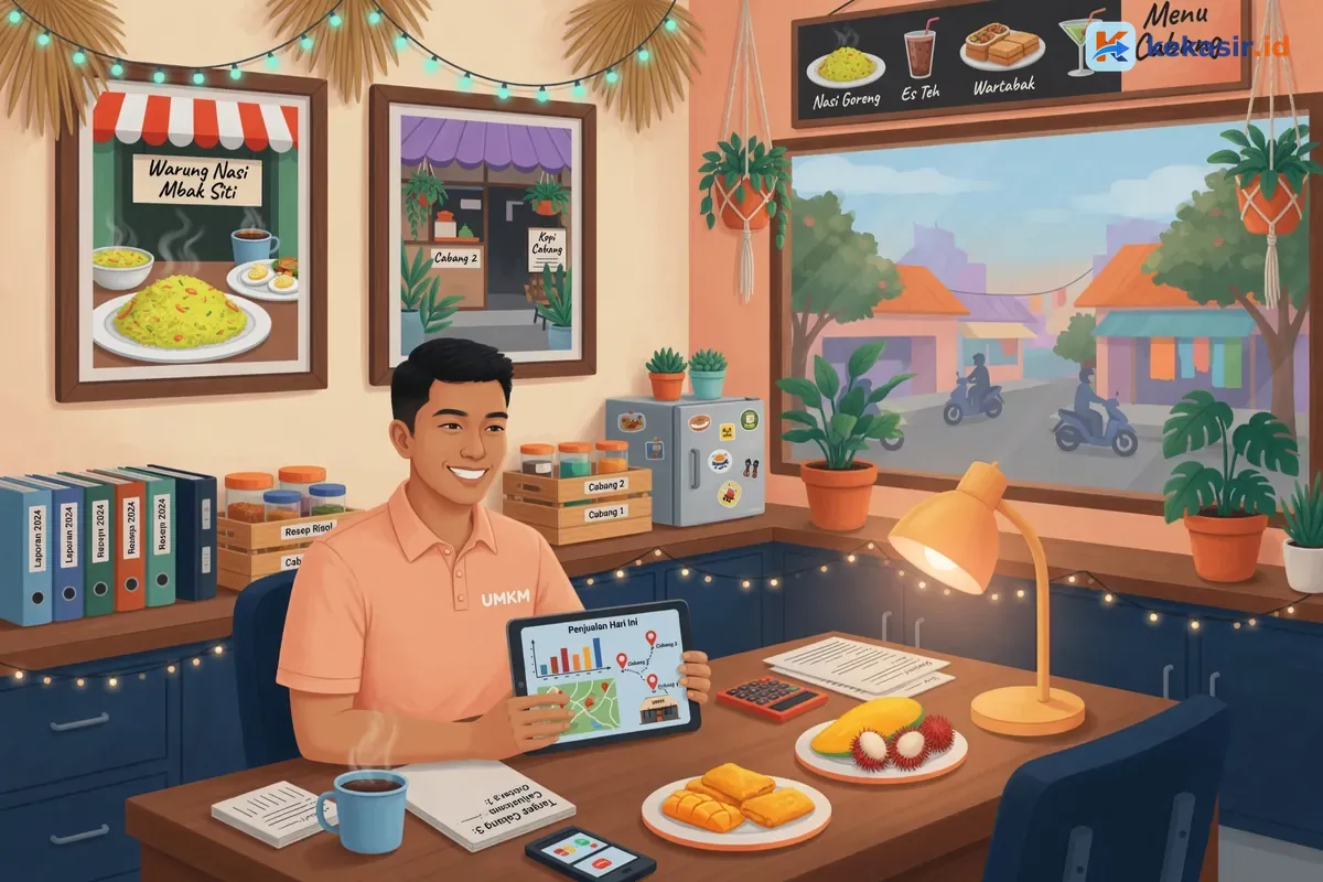 Ilustrasi owner franchise kuliner memantau beberapa cabang dari meja kerja