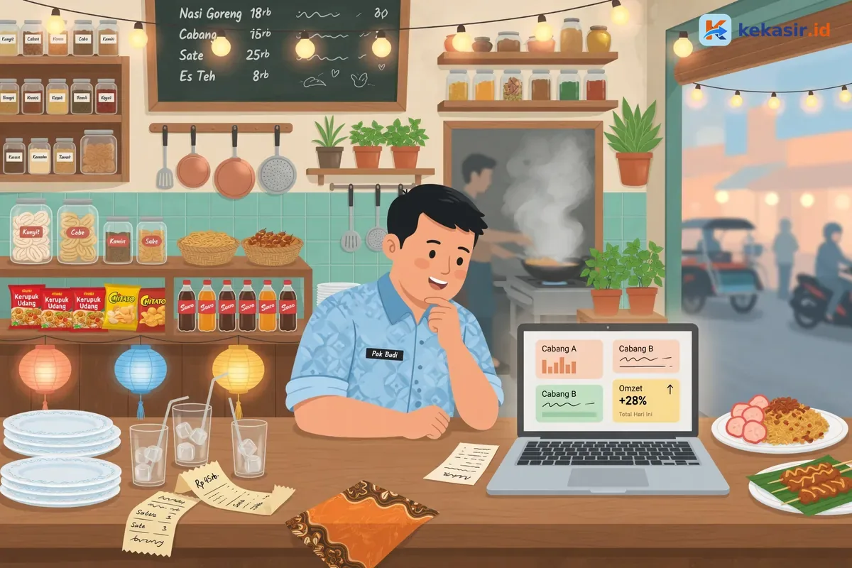 Ilustrasi manajer regional restoran membandingkan laporan omzet beberapa cabang di laptop