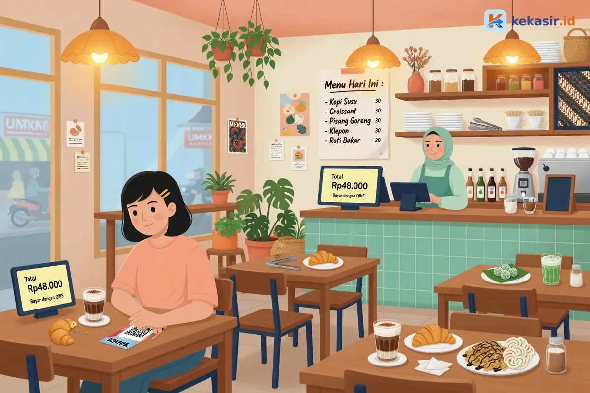 Ilustrasi pelanggan melihat layar kedua di kasir cafe