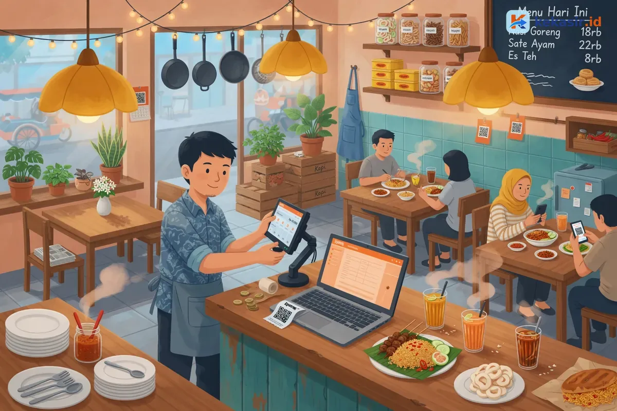 Ilustrasi pemilik warung menyiapkan perangkat layar kedua di meja kasir