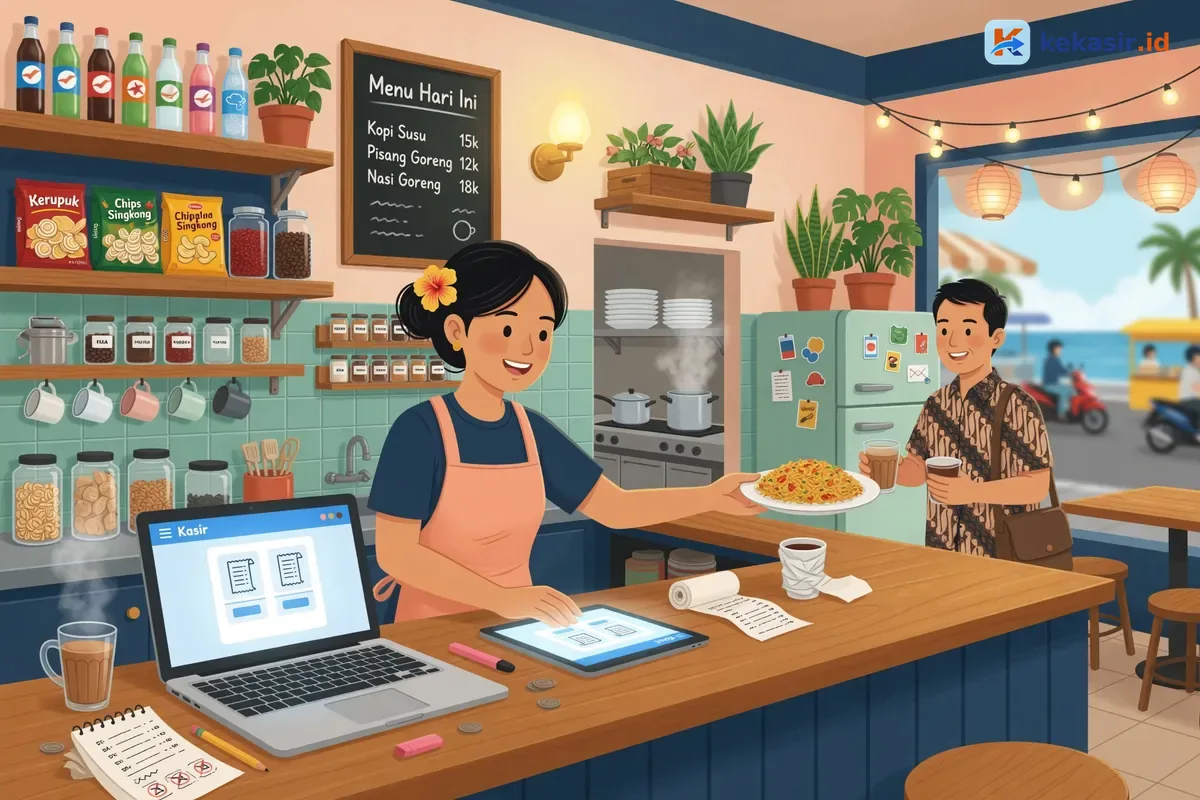 Suasana pemilik cafe di Batam mencoba aplikasi kasir di laptop di meja kasir