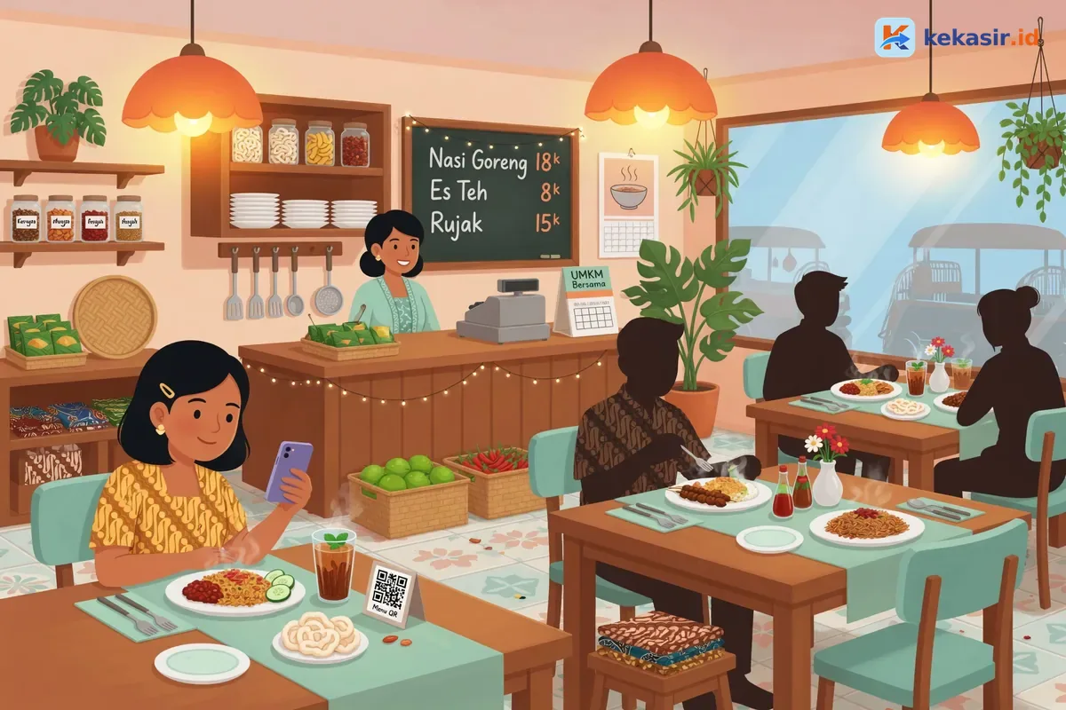 Ilustrasi a cafe menjelaskan menu self-order QR di meja pelanggan
