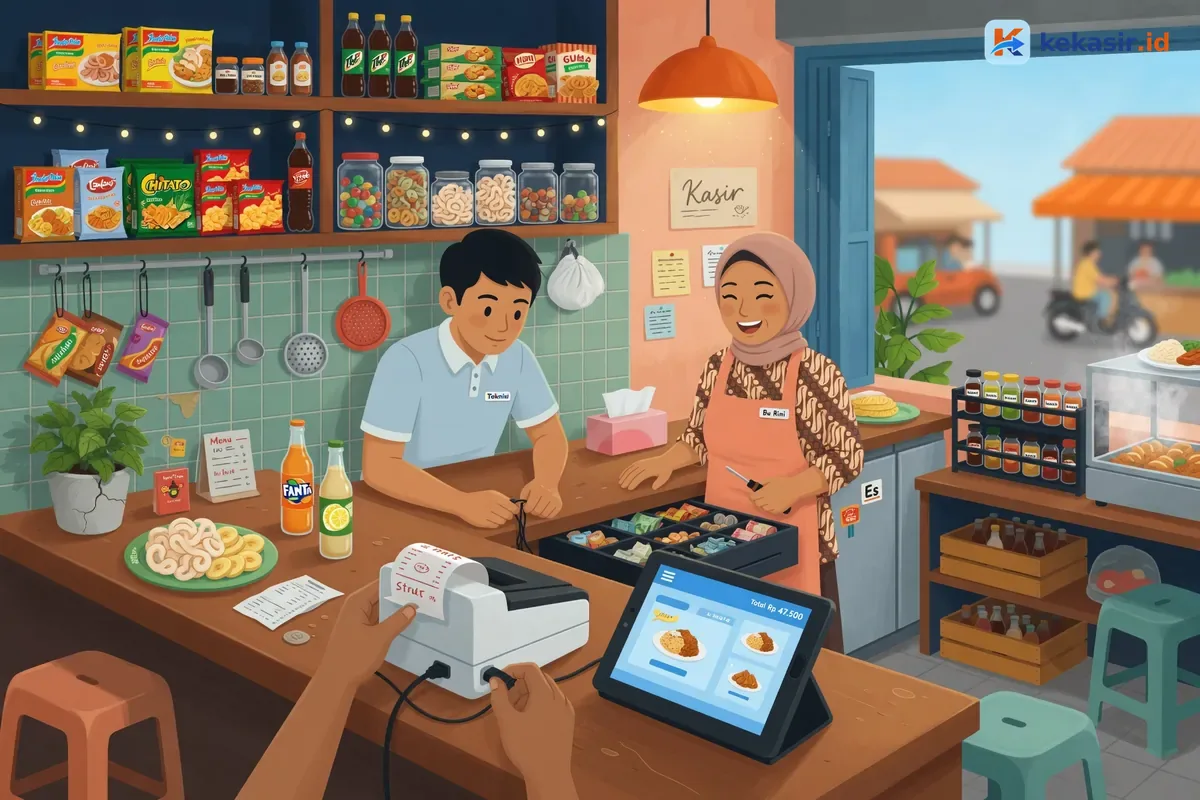 Ilustrasi teknisi dan pemilik warung menyiapkan printer thermal di meja kasir