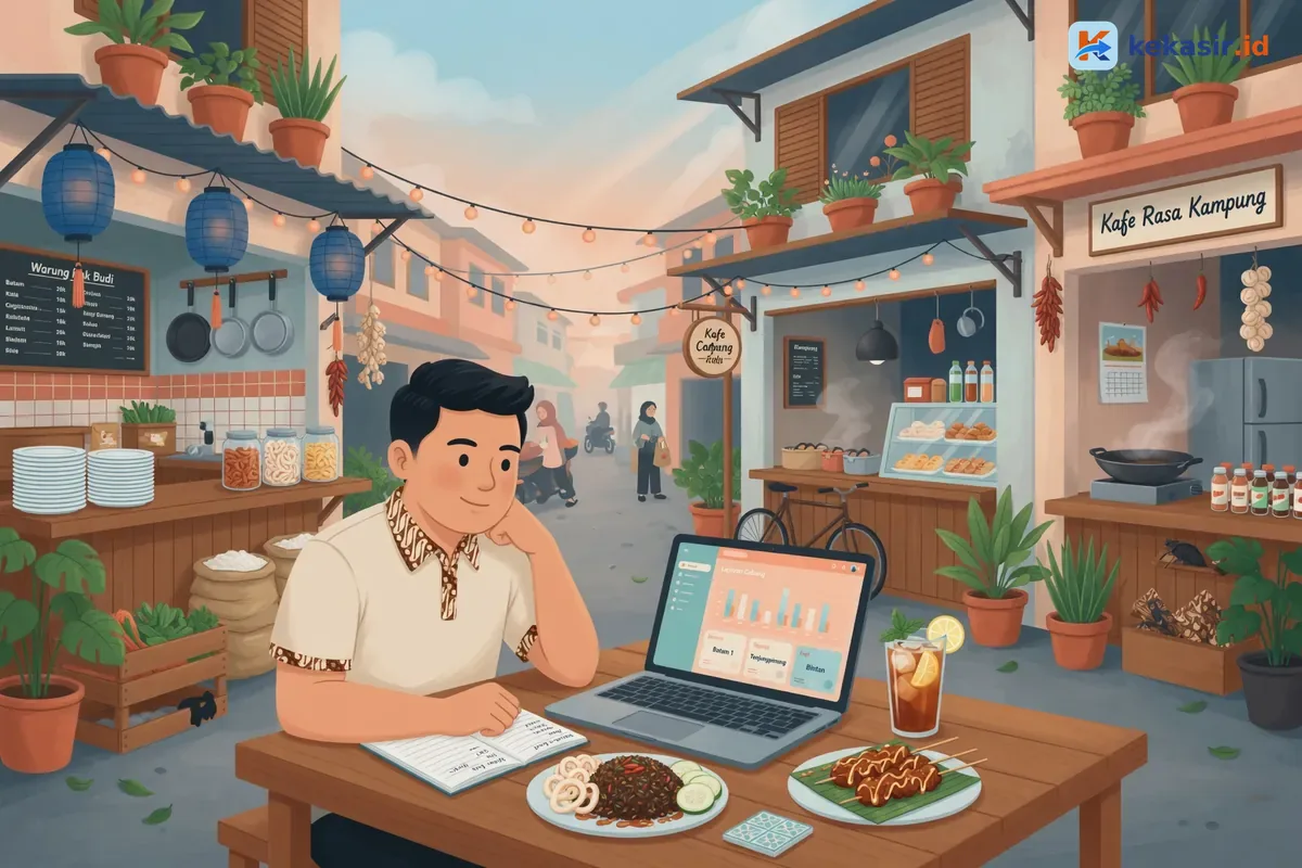 Ilustrasi owner brand kuliner memantau beberapa cabang dari laptop di kafe
