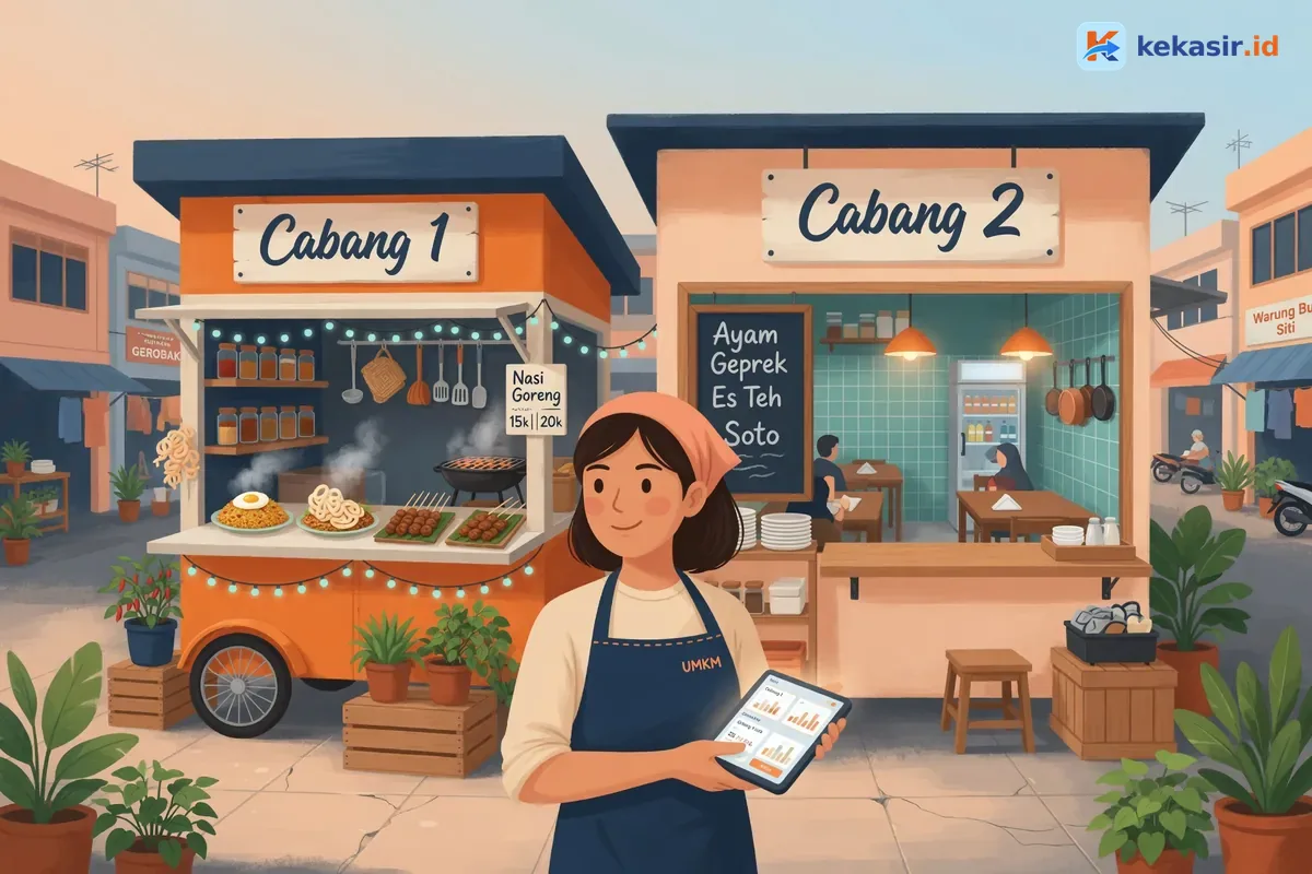 Suasana kasir restoran multi cabang dengan staf melayani pelanggan dan tablet POS di meja