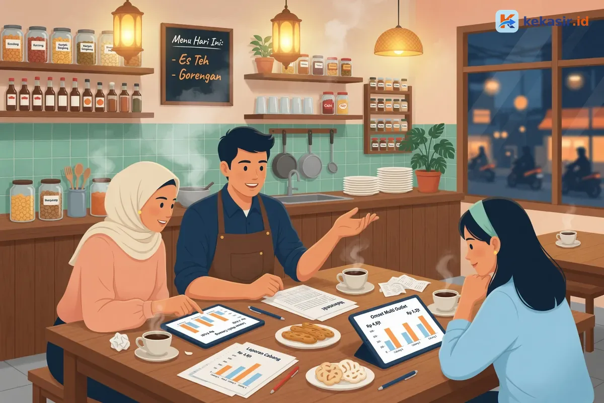 Tim operasional brand kuliner rapat membandingkan laporan omzet beberapa cabang di meja kerja