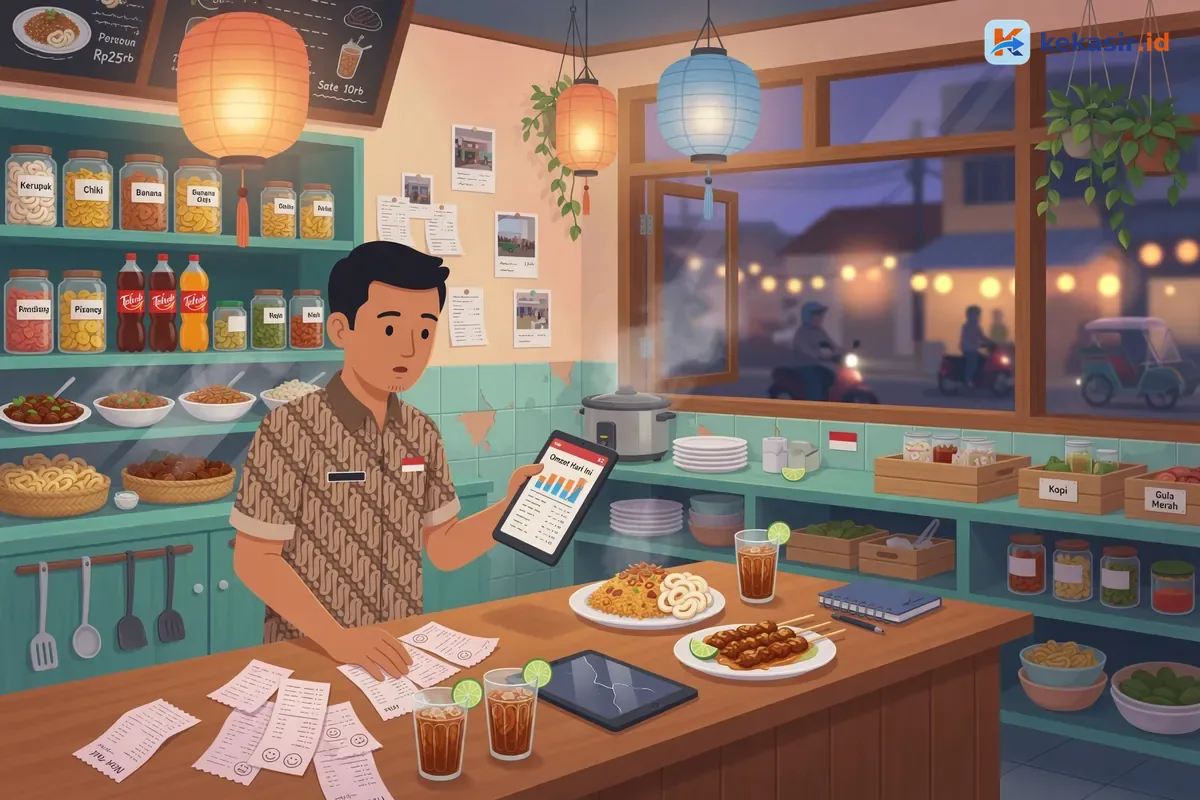 Suasana rapat owner multi cabang restoran membahas laporan omzet di meja kerja