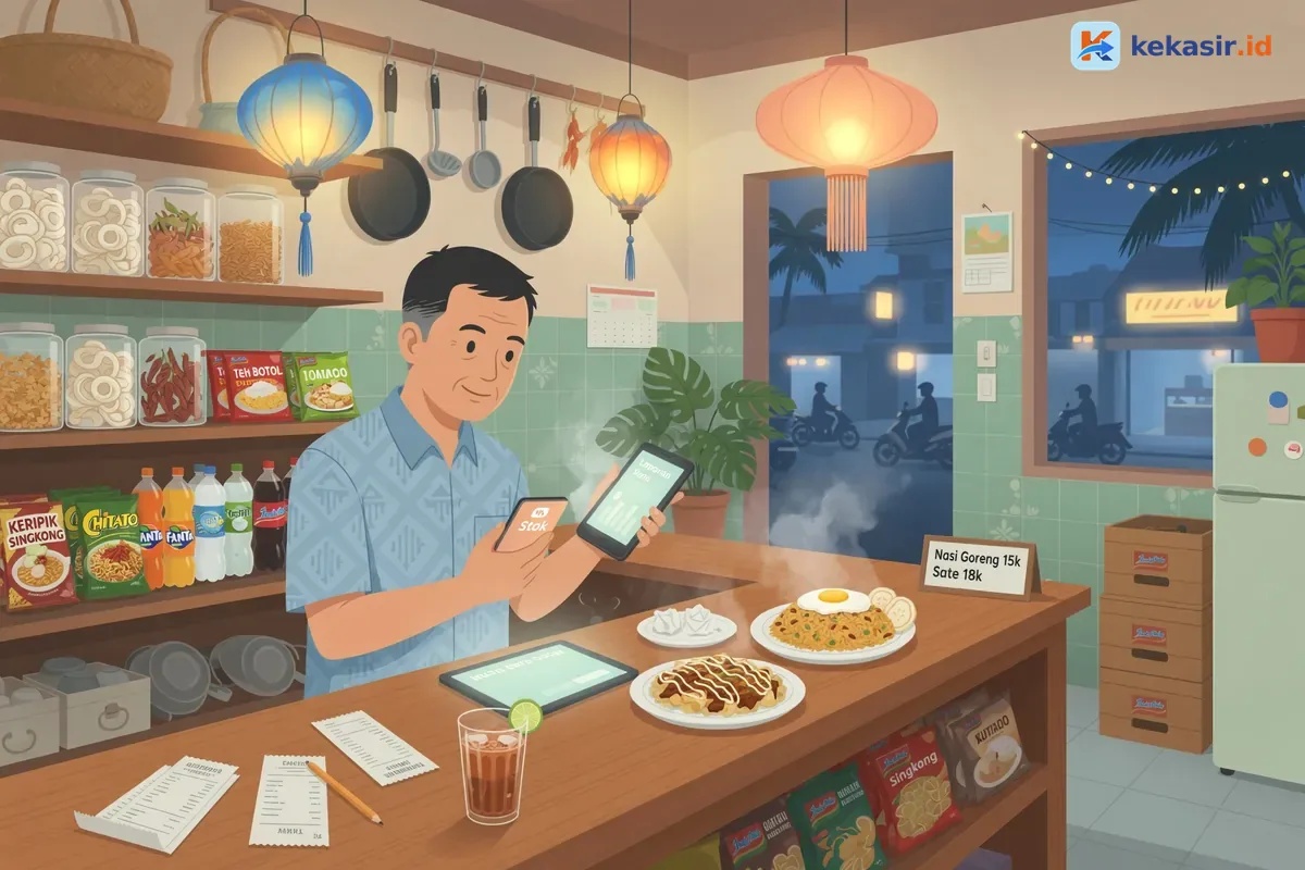 Ilustrasi manajer restoran meninjau stok dan laporan di dapur operasional