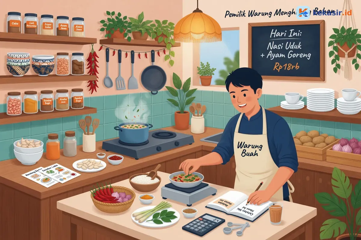 Ilustrasi pemilik warung menghitung bahan dan catatan resep di dapur