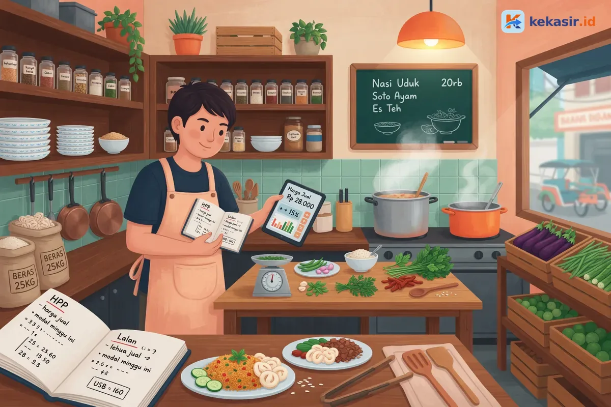 Pemilik cafe membandingkan catatan HPP menu dengan harga jual di meja kasir