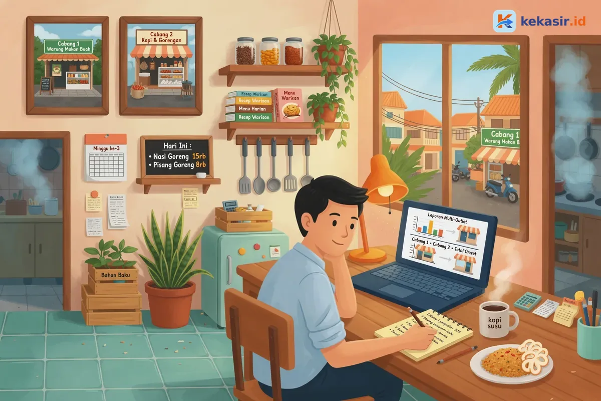 Ilustrasi owner usaha kuliner memantau beberapa cabang dari laptop di meja kerja