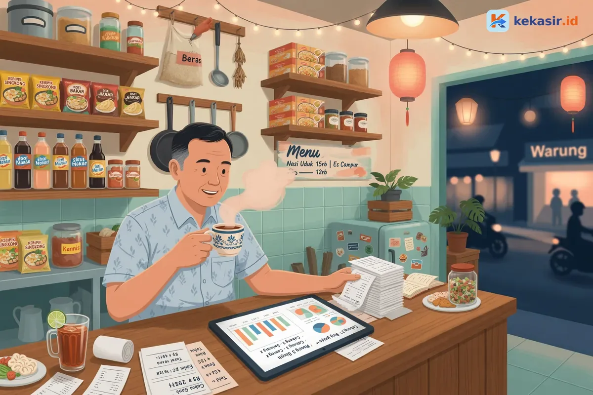 Owner franchise kuliner membandingkan laporan omzet beberapa cabang di tablet sambil minum kopi