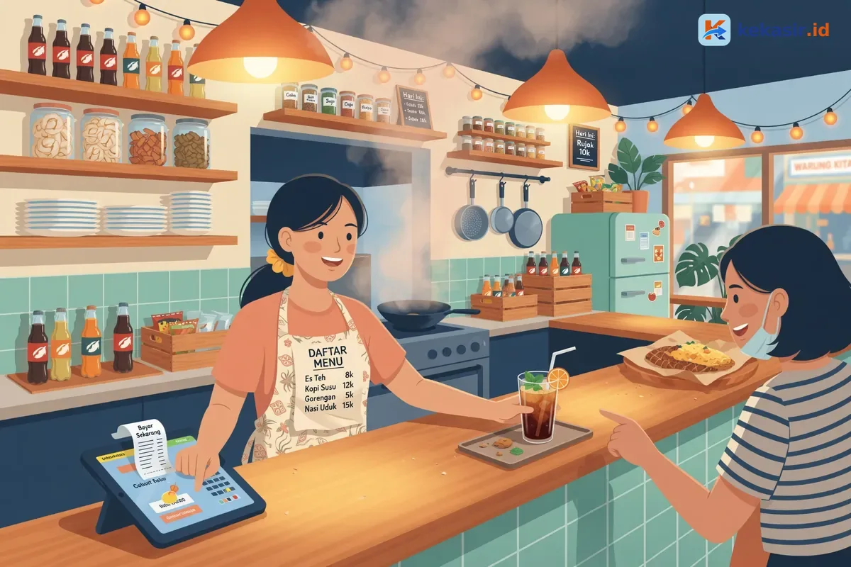 Ilustrasi pemilik cafe memegang daftar menu kertas sambil membuka aplikasi kasir di laptop
