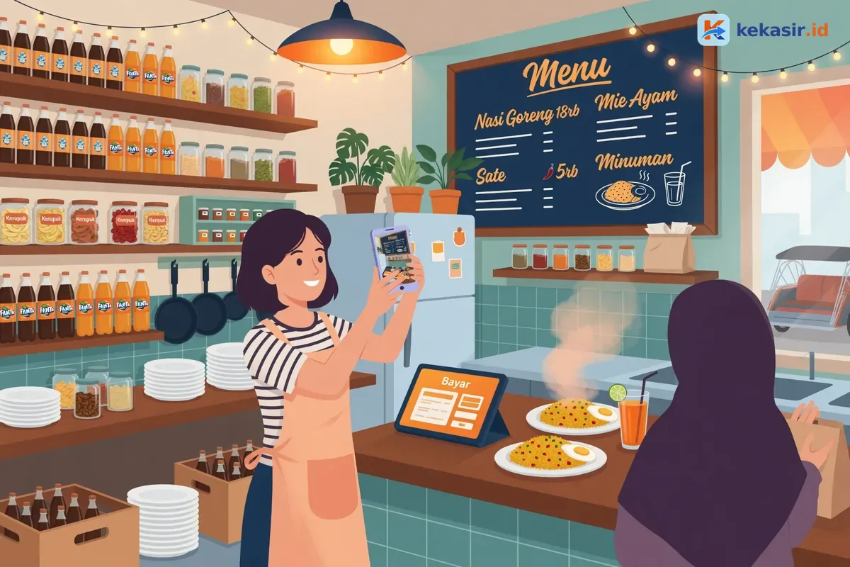 Ilustrasi staf restoran memotret papan menu di dinding kafe dengan ponsel