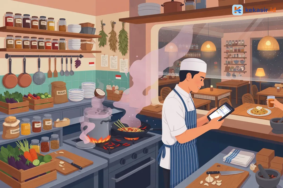 Ilustrasi pelanggan cafe melihat menu di ponsel sambil duduk di meja