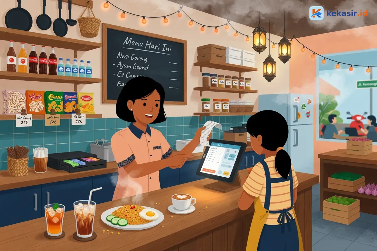 Ilustrasi manajer restoran sedang berdiskusi dan melihat layar perangkat kasir