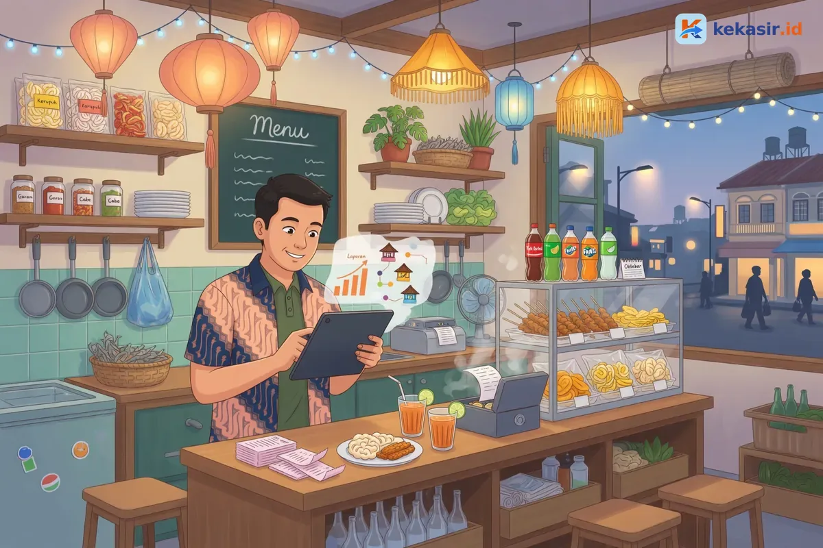 Ilustrasi pemilik usaha multi-cabang sedang mengevaluasi laporan penjualan di tablet